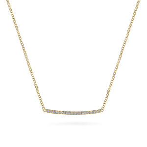 Gabriel & Co. NK5986Y45JJ 14 karat yellow gold Lusso necklace, front view of the arched bar with its row of round diamonds across the chain