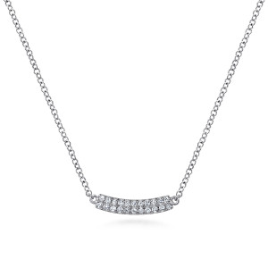 Gabriel & Co. NK5989W45JJ 14 karat white gold Lusso necklace, front view of an arched bar with two tight rows of pave stones
