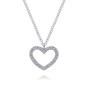 Gabriel & Co. NK5996W45JJ 14 karat white gold Lusso necklace, front view of the open heart with its single row of round stones and loop bail