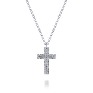 Gabriel & Co. NK5999W45JJ 14 karat white gold Lusso necklace, front view of the squared cross with its pave diamond rows and plain bail