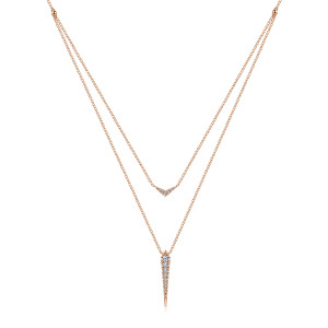 Gabriel & Co. NK6009K45JJ 14 karat rose gold Kaslique necklace, front view of the chevron on the upper chain above the tapered spike below