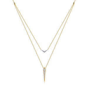 Gabriel & Co. NK6009M45JJ 14 karat white and yellow gold Kaslique necklace, front view of the two chains, the pave V bar above and the tapering diamond spike below