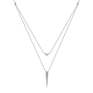 Gabriel & Co. NK6009W45JJ 14 karat white gold Kaslique necklace, front view of the upper chain's V of pave stones above the tapered spike
