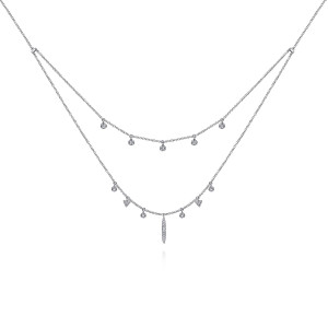 Gabriel & Co. NK6010W45JJ 14 karat white gold Kaslique necklace, front view of the upper bezel dangles above the triangles and the pointed pave bar