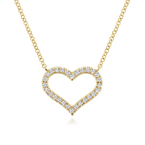 Gabriel & Co. NK6018Y45JJ 14 karat yellow gold Lusso necklace, front view of the wide open heart, its diamond row and the chain joined at both lobes