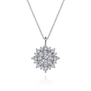Gabriel & Co. NK6037W45JJ 14 karat white gold Lusso necklace, front view of the starburst cluster hanging from its loop bail on a fine chain