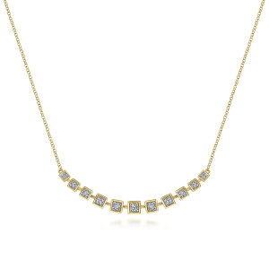 Gabriel & Co. NK6038Y45JJ 14 karat yellow gold Contemporary necklace, front view of the square bezel frames graduating toward the middle of the bar