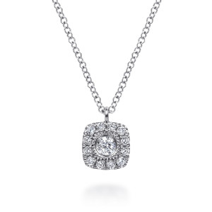 Gabriel & Co. NK6047W45JJ 14 karat white gold Lusso necklace, close detail of the halo, the bezel set main stone and the tiny loop above it