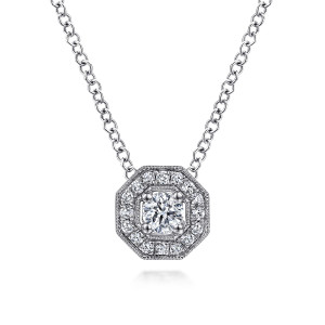 Gabriel & Co. NK6050W45JJ 14 karat white gold Lusso necklace, front view of the eight sided halo frame with its milgrain edge and four prong stone