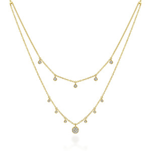 Gabriel & Co. NK6066Y45JJ 14 karat yellow gold Lusso necklace, front view of both chains with bezel stone dangles and the pave disc at the bottom