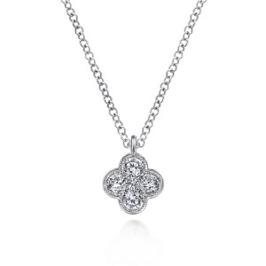 Gabriel & Co. NK6082W45JJ 14 karat white gold Lusso necklace, front view of the clover cluster of round stones within its finely grained outline
