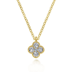 Gabriel & Co. NK6082Y45JJ 14 karat yellow gold Lusso necklace, front view of a four lobed pendant with a round diamond in each lobe and a grained edge