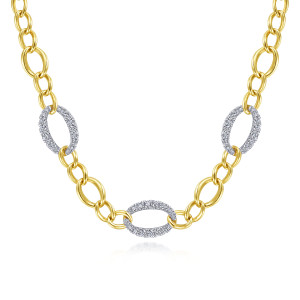 Gabriel & Co. NK6090M45JJ 14 karat white and yellow gold Contemporary necklace, front view of polished oval links and three oval links covered in stones