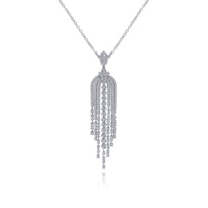 Gabriel & Co. NK6102W84JJ 18 karat white gold Kaslique necklace, front view of the pointed pave cap, pave arch and uneven diamond fringe