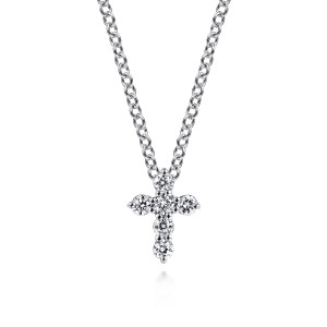 Gabriel & Co. NK6107W45JJ 14 karat white gold Lusso necklace, front view of the cross of separate prong set stones hanging from a link chain