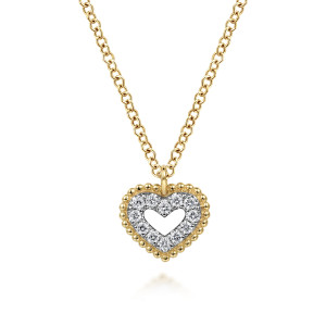 Gabriel & Co. NK6113Y45JJ 14 karat yellow gold Bujukan necklace, front view of the beaded heart with stones around an open heart cutout and a loop bail