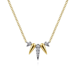 Gabriel & Co. NK6117M45JJ 14 karat white and yellow gold Kaslique necklace, front view of the spike fan, the center spike set with a line of diamonds