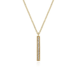 Gabriel & Co. NK6121Y45JJ 14 karat yellow gold Lusso necklace, front view of the vertical bar, its single line of round stones and grained border