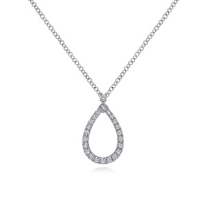 Gabriel & Co. NK6134W45JJ 14 karat white gold Lusso necklace, front view of the hollow diamond teardrop and the two stones stacked at its tip