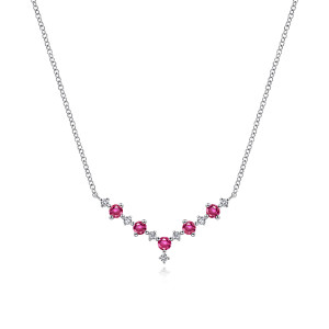 Gabriel & Co. NK6136W45RA 14 karat white gold Color necklace, front view of a V shaped line of red and colorless prong set stones