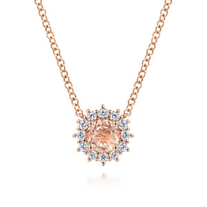 Gabriel & Co. NK6143K45MO 14 karat rose gold Color necklace, front view of the peach pink stone, the diamond ring and the ball tipped prongs