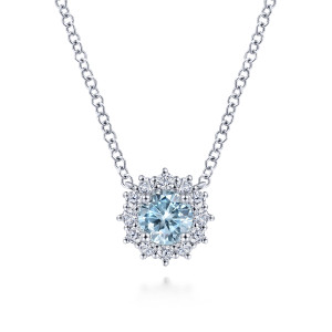 Gabriel & Co. NK6143W45AQ 14 karat white gold Color necklace, front view of the light blue round stone ringed by a pointed halo of diamonds