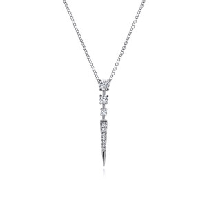 Gabriel & Co. NK6187W45JJ 14 karat white gold Kaslique necklace, front view of the graduated prong stones above the pave spike with its polished point
