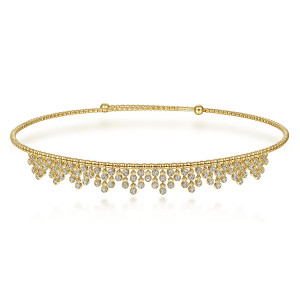 Gabriel & Co. NK6207Y45JJ 14 karat yellow gold Bujukan necklace, front view of the clustered fringe of bezel set drops below the beaded collar