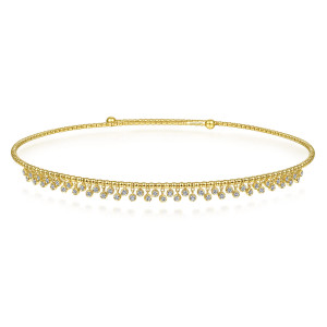 Gabriel & Co. NK6208Y45JJ 14 karat yellow gold Bujukan necklace, front view of the open beaded collar with its fringe of bezel set stones