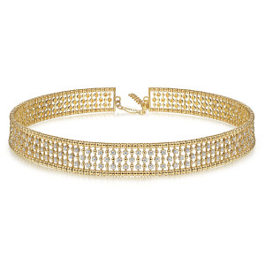 Gabriel & Co. NK6209Y45JJ 14 karat yellow gold Bujukan necklace, front view of the bead column band with diamonds in staggered rows across the front