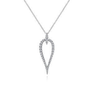 Gabriel & Co. NK6212W45JJ 14 karat white gold Kaslique necklace, front view of the open pointed outline and the narrow pave bar above it