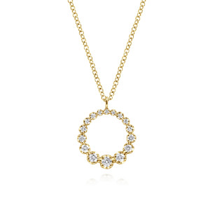 Gabriel & Co. NK6214Y45JJ 14 karat yellow gold Lusso necklace, front view of the open circle with its largest diamonds at the bottom and the plain loop above