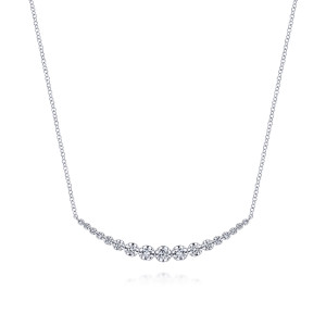 Gabriel & Co. NK6216W45JJ 14 karat white gold Lusso necklace, front view of the curved bar of graduated round stones centered on a fine chain