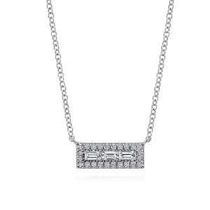 Gabriel & Co. NK6217W44JJ 14 karat white gold Lusso necklace, front view of the rectangular bar, baguette stones and the round stone border