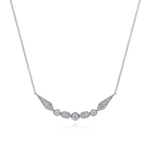 Gabriel & Co. NK6222W45JJ 14 karat white gold Victorian necklace, front view of the curved bar with kite shaped ends, bezel stones and beaded edging