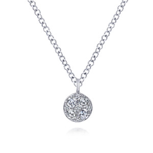 Gabriel & Co. NK6228W45JJ 14 karat white gold Lusso necklace, front view of the round cluster disc and the loop bail above it