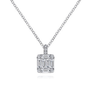 Gabriel & Co. NK6315W44JJ 14 karat white gold Lusso necklace, front view of the baguette mosaic, its round corner stones and the diamond set bail