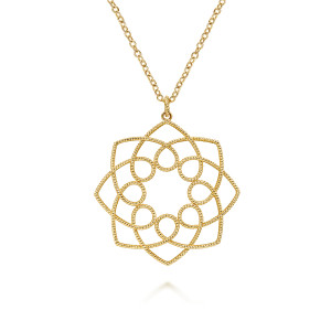 Gabriel & Co. NK6319Y4JJJ 14 karat yellow gold Hampton necklace, front view of the interlaced rope wire petals and the tiny twisted loop above