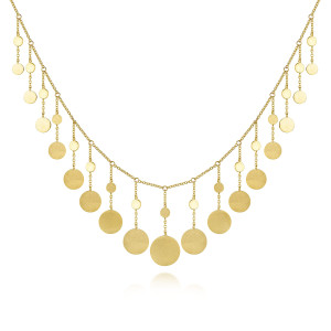 Gabriel & Co. NK6320Y4JJJ 14 karat yellow gold Contemporary necklace, front view of the fringe of flat discs graduating to the largest at center