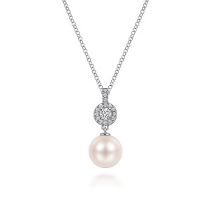 Gabriel & Co. NK6335W45PL 14 karat white gold Color necklace, front view of the round pearl beneath the diamond halo and set bail