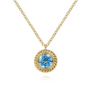 Gabriel & Co. NK6345Y4JBT 14 karat yellow gold Hampton necklace, front view of the blue stone inside its twisted rope frame and loop bail