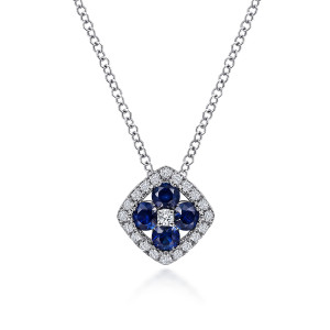 Gabriel & Co. NK6349W45SA 14 karat white gold Color necklace, front view of a cloverleaf of blue stones and a tiny diamond inside a diamond halo