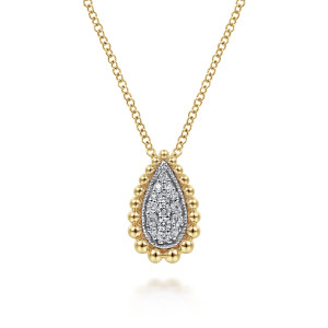 Gabriel & Co. NK6356M45JJ 14 karat white and yellow gold Bujukan necklace, front view of the teardrop pave field framed by a scalloped rim of metal beads
