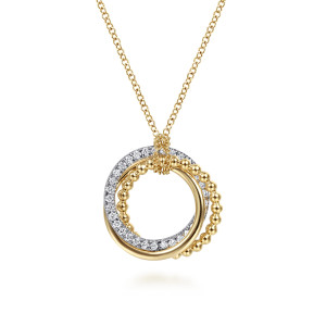 Gabriel & Co. NK6360M45JJ 14 karat white and yellow gold Bujukan necklace, front view of three interlocking circles with pave stones, a smooth band and polished metal beads