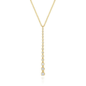 Gabriel & Co. NK6361Y45JJ 14 karat yellow gold Lusso necklace, front view of the straight drop of graduated round diamonds, smallest at the top