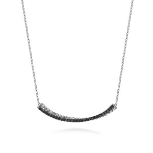 Gabriel & Co. NK6367SVJBS sterling silver Bujukan necklace, front view of the curved bar with black stones beside a line of metal beads