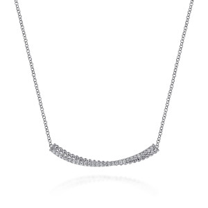 Gabriel & Co. NK6367SVJWS sterling silver Bujukan necklace, front view of the curved bar with its stone row beside the row of metal beads