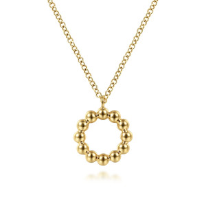 Gabriel & Co. NK6386Y4JJJ 14 karat yellow gold Bujukan necklace, front view of an open circle of polished metal beads with a tiny bail ring
