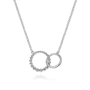 Gabriel & Co. NK6388SVJJJ sterling silver Bujukan necklace, front view of the beaded circle interlocked with the smooth circle on a cable chain