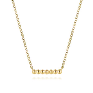 Gabriel & Co. NK6396Y4JJJ 14 karat yellow gold Bujukan necklace, front view of a straight bar of round polished beads on a link chain
